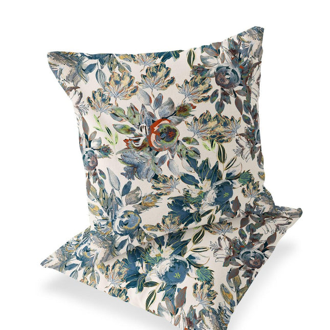 Set of Two Green And Gray Floral Indoor Outdoor Throw Pillow