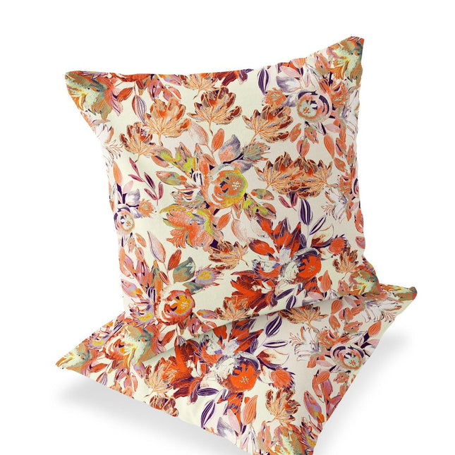 Set of Two Red Orange And Beige Floral Indoor Outdoor Throw Pillow