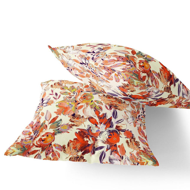 Set of Two Red Orange And Beige Floral Indoor Outdoor Throw Pillow
