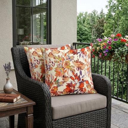 Set of Two Red Orange And Beige Floral Indoor Outdoor Throw Pillow