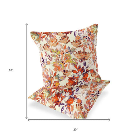 Set of Two Red Orange And Beige Floral Indoor Outdoor Throw Pillow