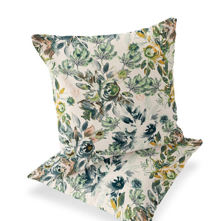 Set of Two White And Green Floral Indoor Outdoor Throw Pillow