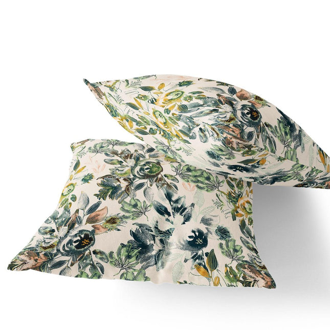 Set of Two White And Green Floral Indoor Outdoor Throw Pillow