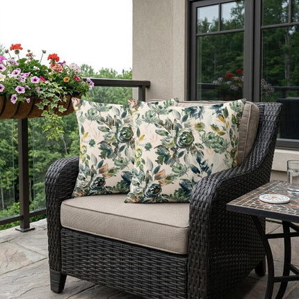 Set of Two White And Green Floral Indoor Outdoor Throw Pillow