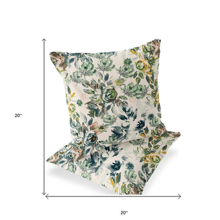 Set of Two White And Green Floral Indoor Outdoor Throw Pillow