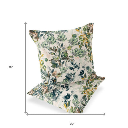 Set of Two White And Green Floral Indoor Outdoor Throw Pillow HomeRoots