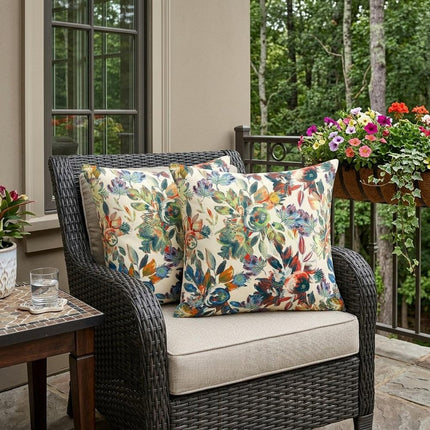 Set of Two White Yellow And Green Floral Indoor Outdoor Throw Pillow