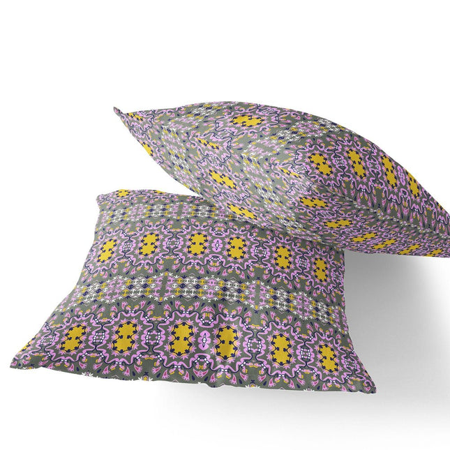 Set of Two Purple And Yellow Floral Indoor Outdoor Throw Pillow