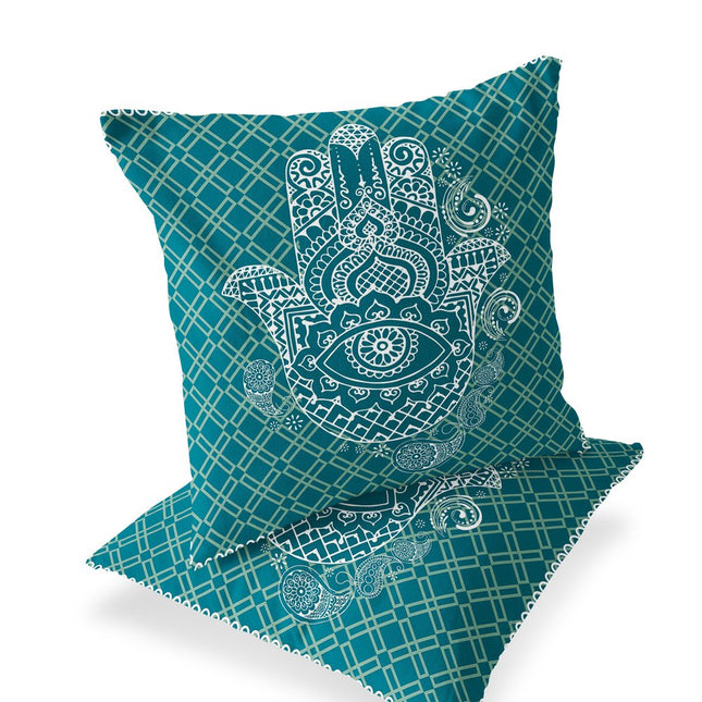 Set of Two White And Green Hamsa Indoor Outdoor Throw Pillow HomeRoots