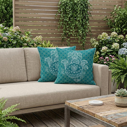 Set of Two White And Green Hamsa Indoor Outdoor Throw Pillow HomeRoots
