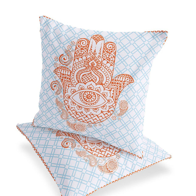 Set of Two Orange And Blue Hamsa Indoor Outdoor Throw Pillow