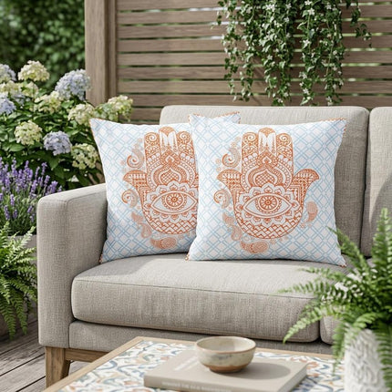 Set of Two Orange And Blue Hamsa Indoor Outdoor Throw Pillow HomeRoots