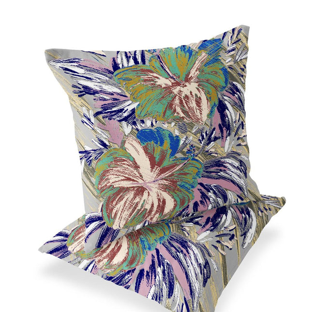 Set of Two Green And Purple Floral Indoor Outdoor Throw Pillow