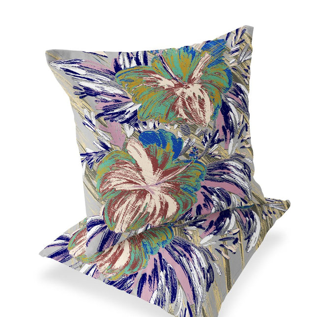 Set of Two Green And Purple Floral Indoor Outdoor Throw Pillow HomeRoots