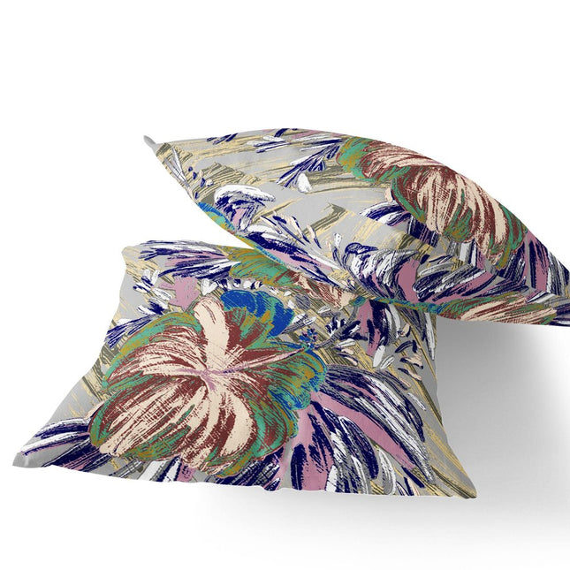 Set of Two Green And Purple Floral Indoor Outdoor Throw Pillow