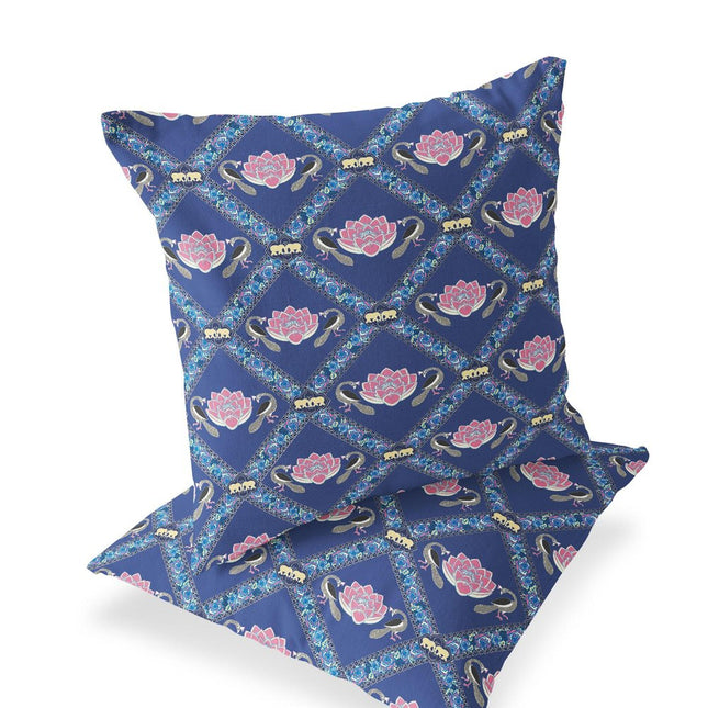 Set of Two Purple Blue And Pink Floral Indoor Outdoor Throw Pillow