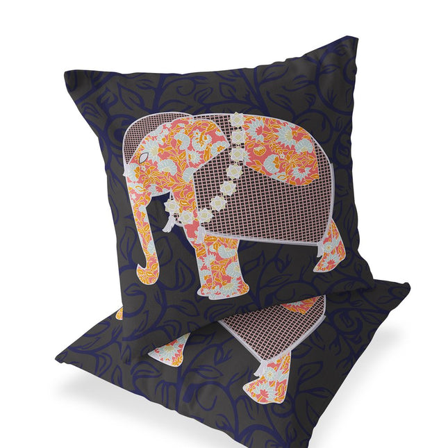 Set of Two Orange Green And Navy Blue Elephant Floral Indoor Outdoor Throw Pillow