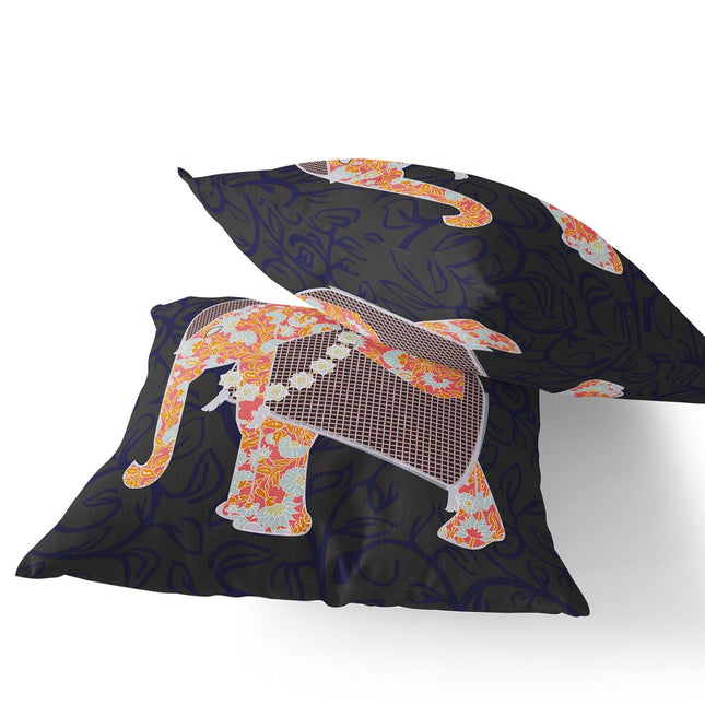 Set of Two Orange Green And Navy Blue Elephant Floral Indoor Outdoor Throw Pillow
