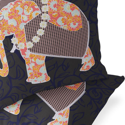 Set of Two Orange Green And Navy Blue Elephant Floral Indoor Outdoor Throw Pillow HomeRoots
