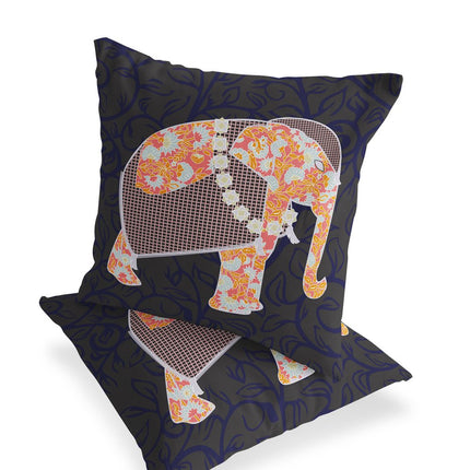 Set of Two Orange Green And Navy Blue Elephant Floral Indoor Outdoor Throw Pillow
