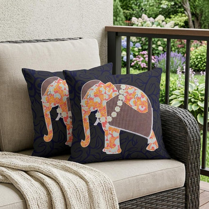 Set of Two Orange Green And Navy Blue Elephant Floral Indoor Outdoor Throw Pillow HomeRoots