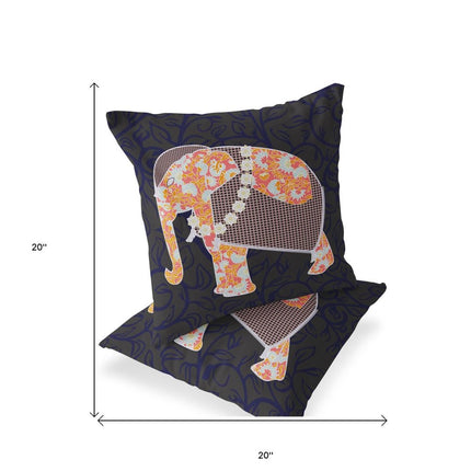 Set of Two Orange Green And Navy Blue Elephant Floral Indoor Outdoor Throw Pillow