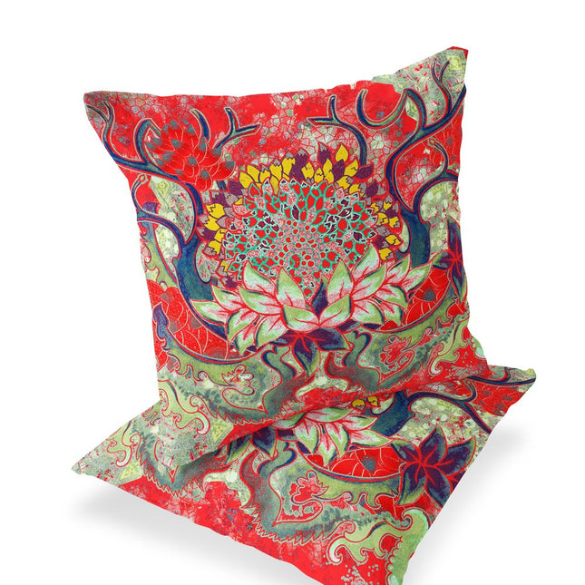 Set of Two Red And Green Sunflower Indoor Outdoor Throw Pillow HomeRoots