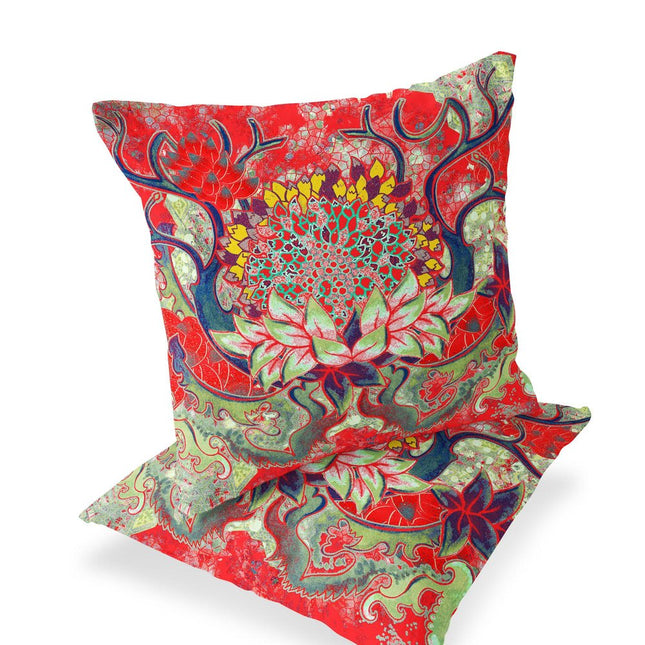 Set of Two Red And Green Sunflower Indoor Outdoor Throw Pillow