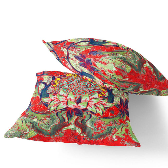 Set of Two Red And Green Sunflower Indoor Outdoor Throw Pillow