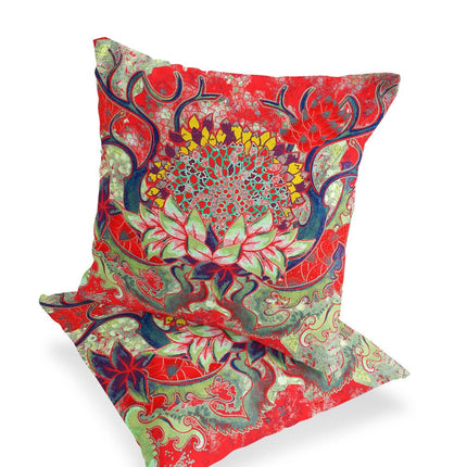 Set of Two Red And Green Sunflower Indoor Outdoor Throw Pillow
