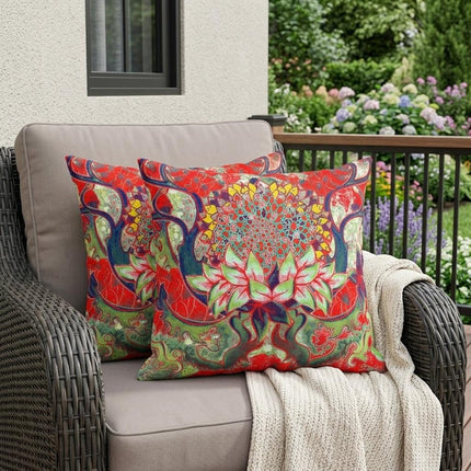 Set of Two Red And Green Sunflower Indoor Outdoor Throw Pillow