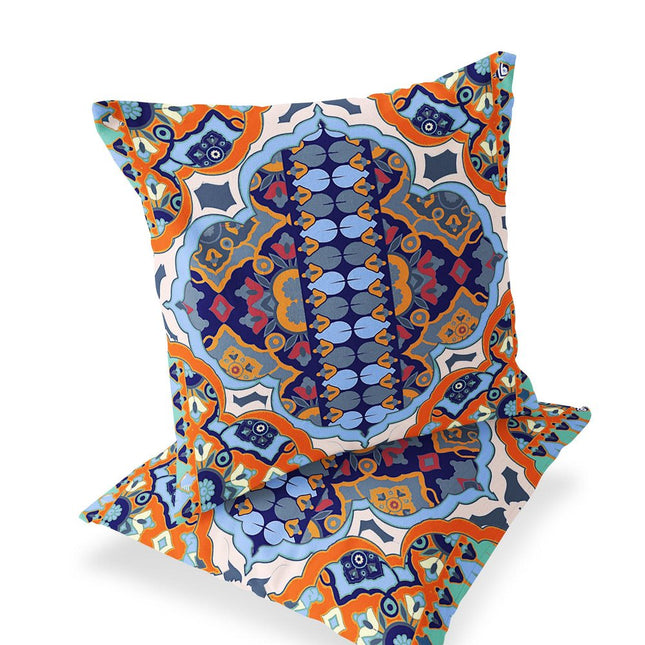 Set of Two Orange And Navy Blue Floral Indoor Outdoor Throw Pillow