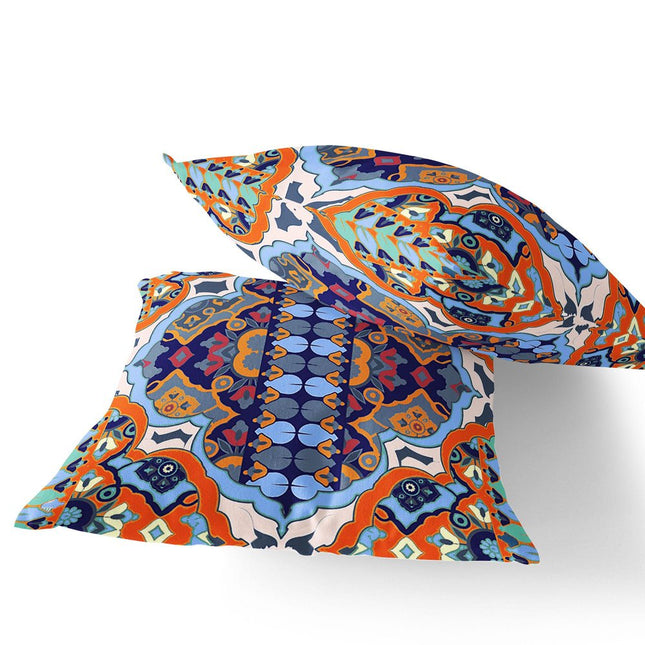 Set of Two Orange And Navy Blue Floral Indoor Outdoor Throw Pillow