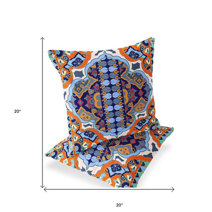 Set of Two Orange And Navy Blue Floral Indoor Outdoor Throw Pillow
