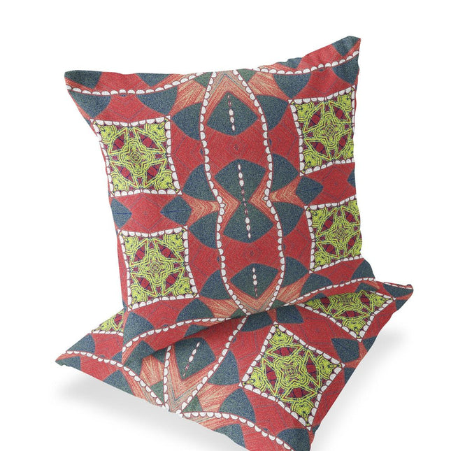 Set of Two Red Yellow And Gray Abstract Indoor Outdoor Throw Pillow