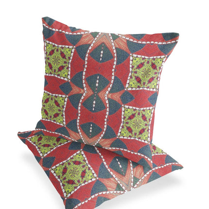 Set of Two Red Yellow And Gray Abstract Indoor Outdoor Throw Pillow