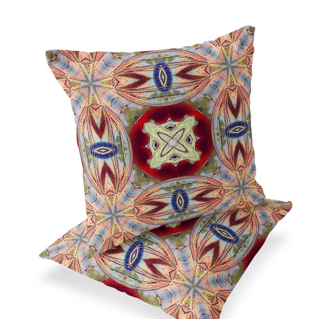 Set of Two Gray Green Magenta And Red Floral Indoor Outdoor Throw Pillow