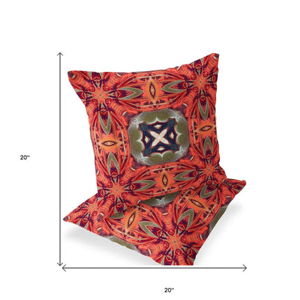 Set of Two Peach And Green Floral Indoor Outdoor Throw Pillow