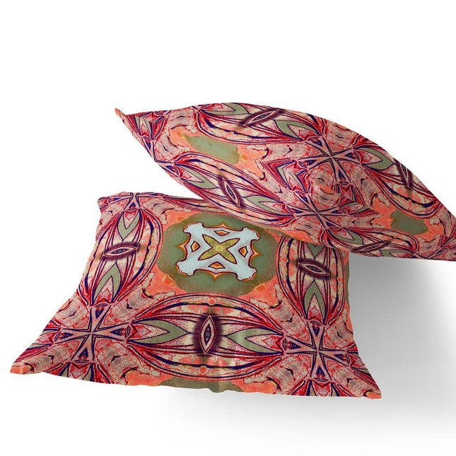 Set of Two Peach Magenta And Green Floral Indoor Outdoor Throw Pillow