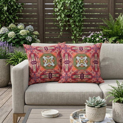 Set of Two Peach Magenta And Green Floral Indoor Outdoor Throw Pillow