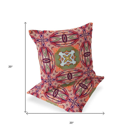 Set of Two Peach Magenta And Green Floral Indoor Outdoor Throw Pillow