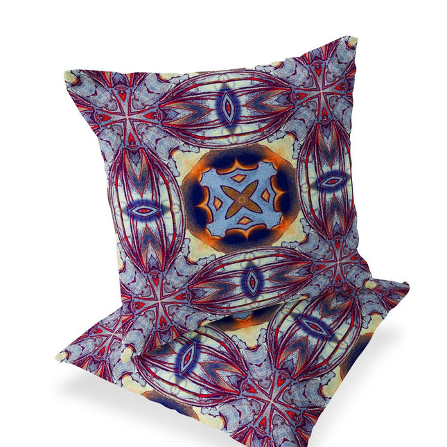 Set of Two Purple Peach Indigo And Yellow Floral Indoor Outdoor Throw Pillow