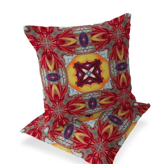 Set of Two Yellow Red Magenta And Green Floral Indoor Outdoor Throw Pillow