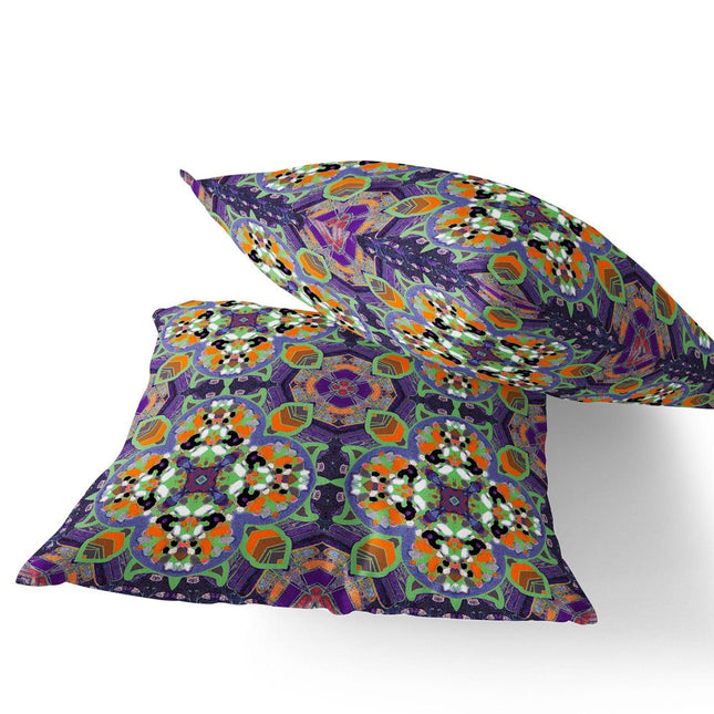 Set of Two Purple And Green Floral Indoor Outdoor Throw Pillow