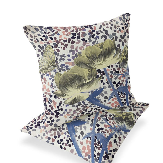 Set of Two Yellow Blue And Peach Floral Indoor Outdoor Throw Pillow