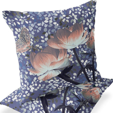 Set of Two Peach Light Blue And Gray Floral Indoor Outdoor Throw Pillow HomeRoots