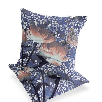 Set of Two Peach Light Blue And Gray Floral Indoor Outdoor Throw Pillow HomeRoots