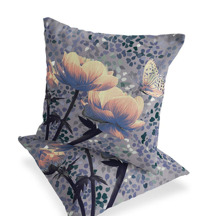 Set of Two Yellow Black And Gray Floral Indoor Outdoor Throw Pillow HomeRoots