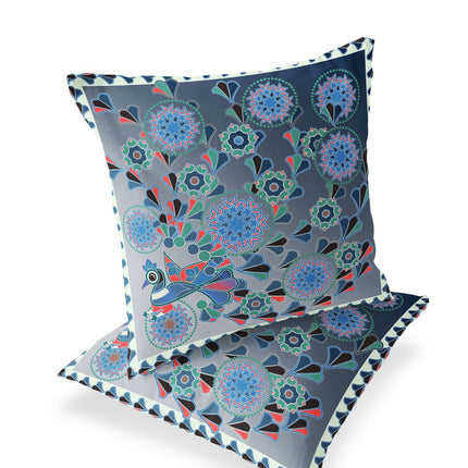 Set of Two Blue Light Green And White Peacock Floral Indoor Outdoor Throw Pillow HomeRoots