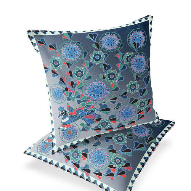 Set of Two Blue Light Green And White Peacock Floral Indoor Outdoor Throw Pillow